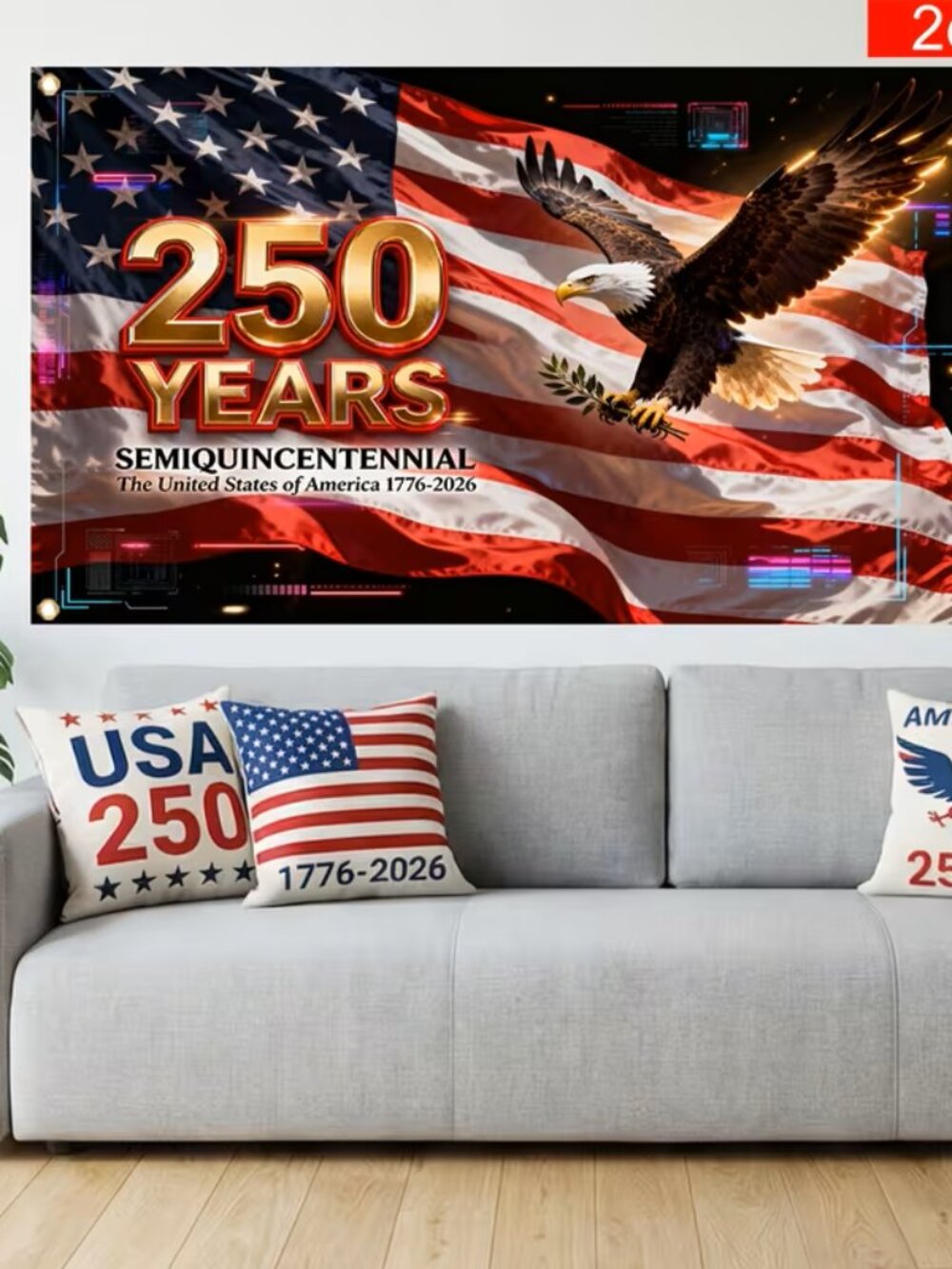 #103  2D Flat Cyber Neon Style American 250 Years of Independence Day Flag Banne